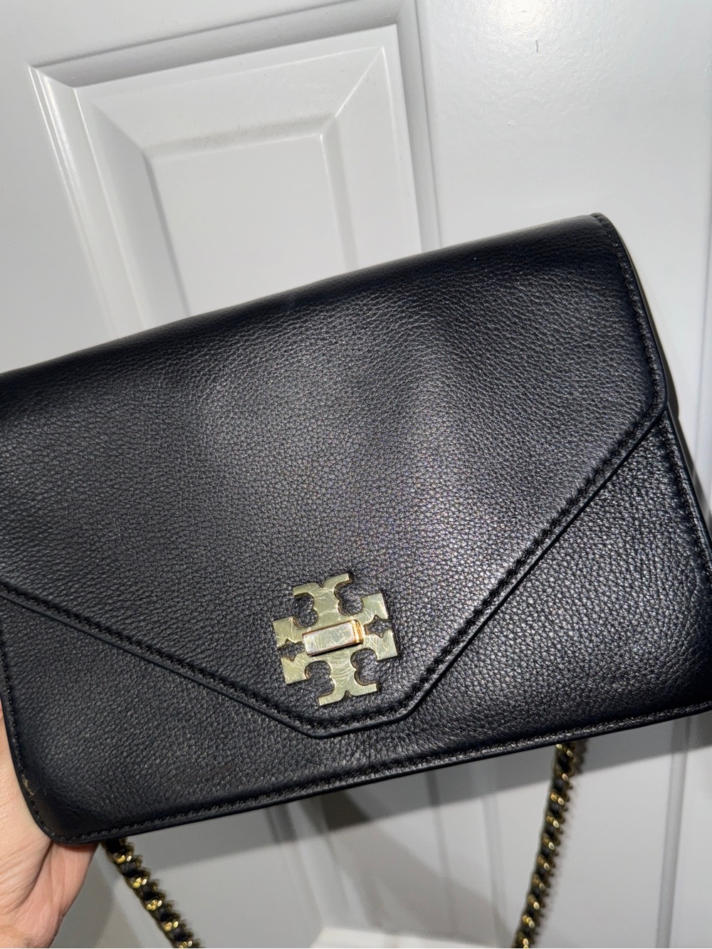 Tory Burch Black Leather Envelope Crossbody with Gold Logo